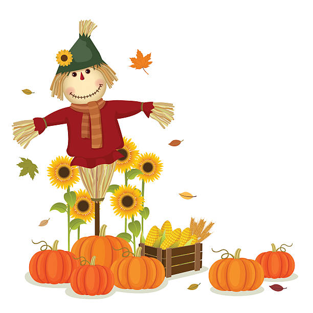 Illustration+of+autumn+harvesting+with+cute+scarecrow+and+pumpkins