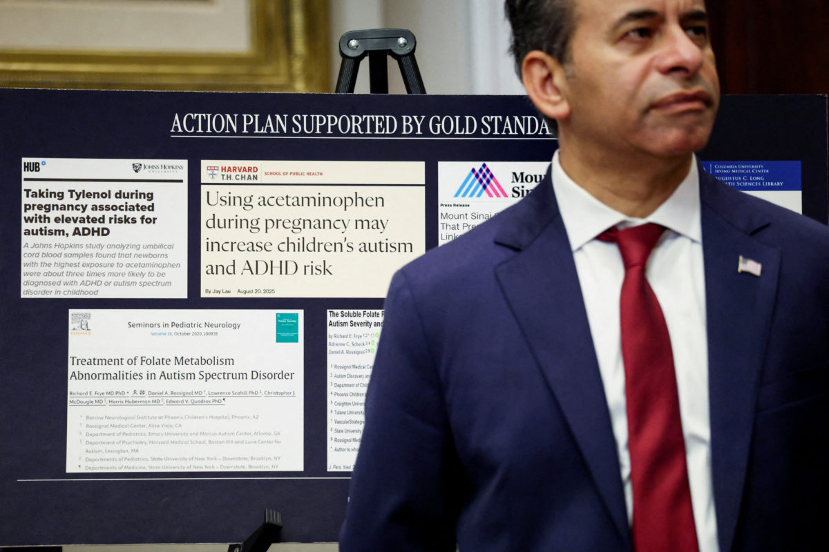 U.S. Food and Drug Administration (FDA) Commissioner Dr. Marty Makary stands in front of a board at the White House, in Washington, D.C., U.S., September 22, 2025. REUTERS