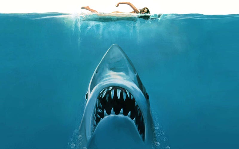 Originally a painting for the paper copy of the book Jaws, now used as one of the most famous movie posters of all time. 